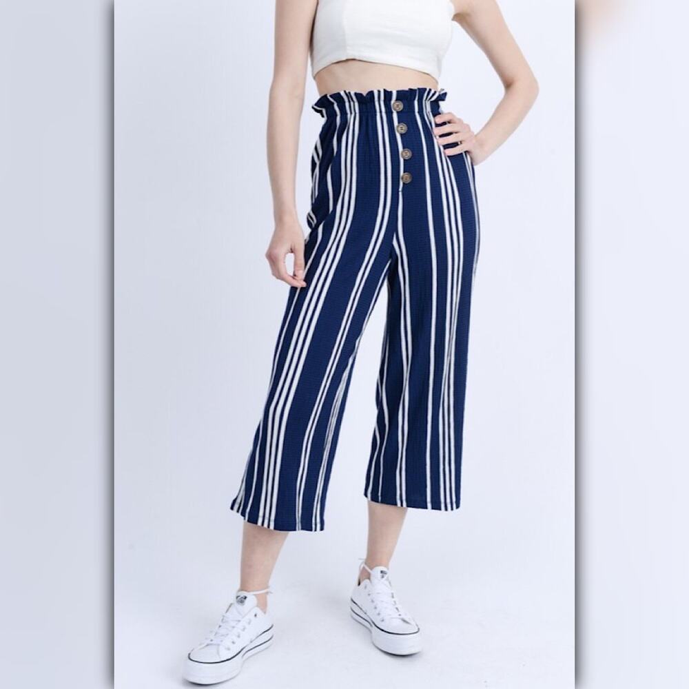 * A587 • Navy Striped Wide Leg Cropped Pants